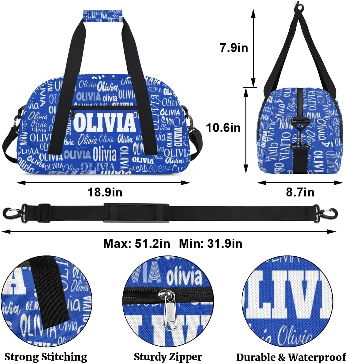 Personalized Sports Duffel Bags, Custom Kids Football Duffle Bag for Boys with Your Name, Lightweight Overnight Weekender Bag for School Gymnastics Travel, Royal Blue