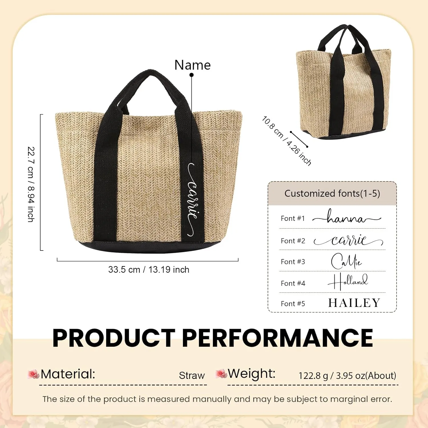 Personalized Straw Tote Bag for Women, Custom Name Beach Bag Large Tote Bag for Women, Teacher, Mother’s Day Gift