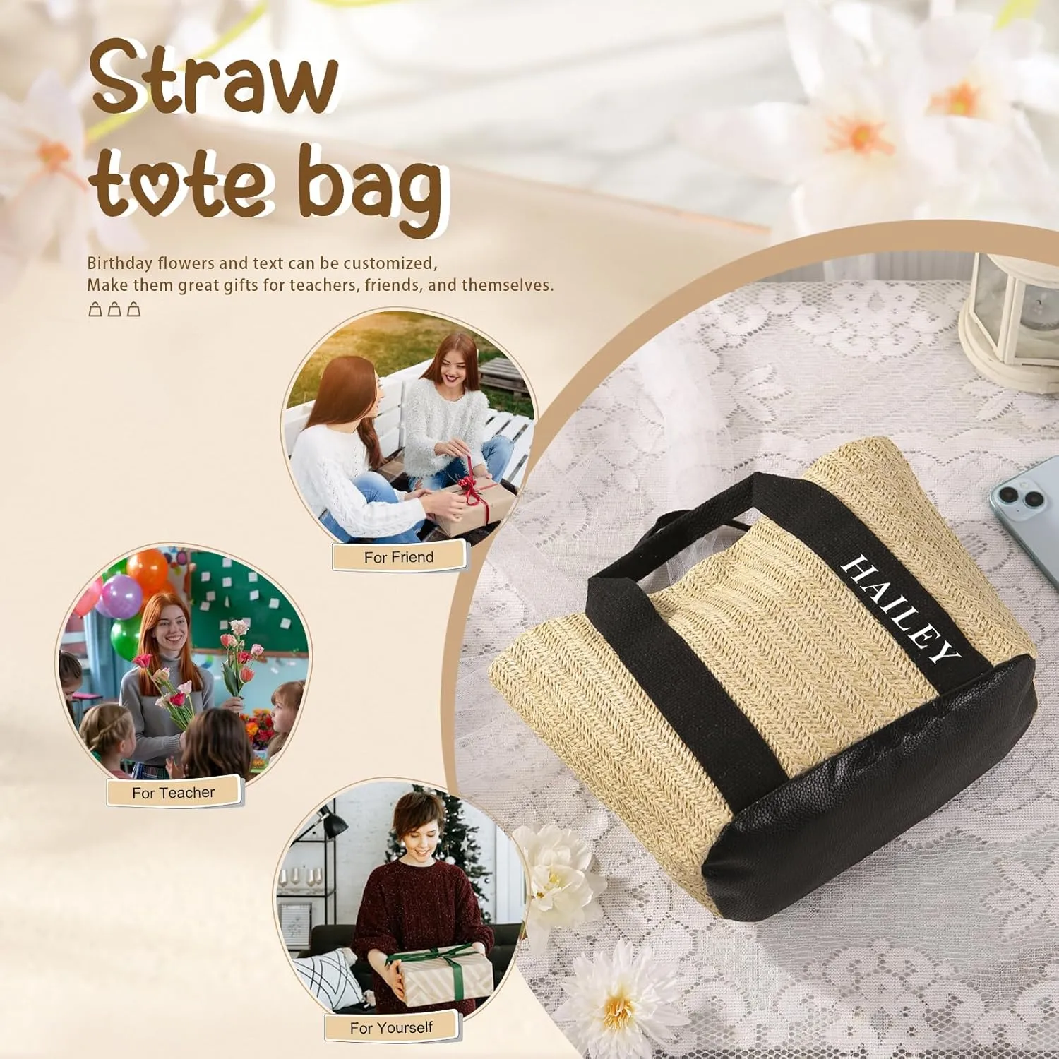 Personalized Straw Tote Bag for Women, Custom Name Beach Bag Large Tote Bag for Women, Teacher, Mother’s Day Gift
