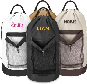 Personalized Travel Laundry Backpack, Embroidered Extra Large Laundry Bag For Travel with Shoulder Strap, Custom Heavy Duty Bag with Mesh Pocket for Delicates, Traveling and Camping