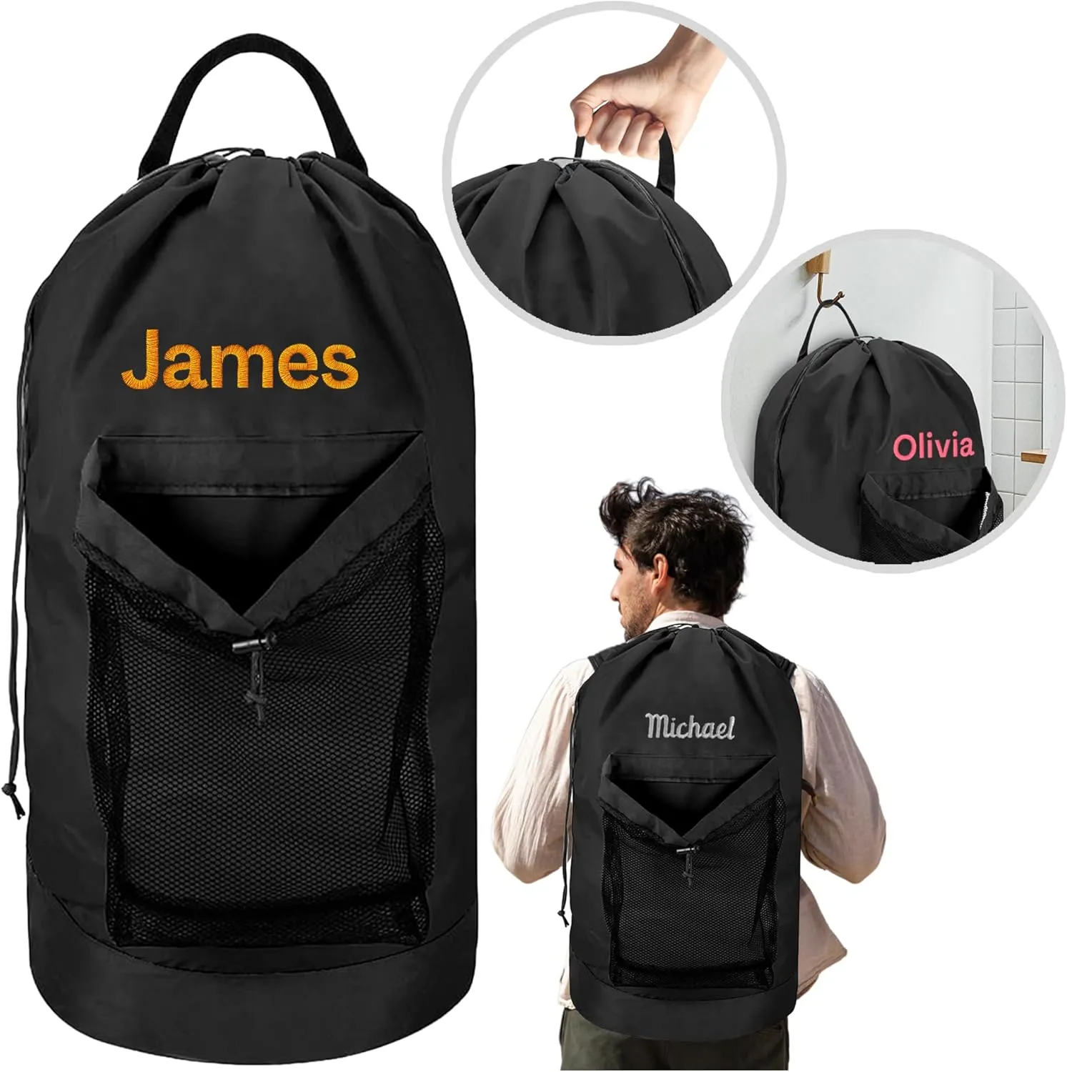 Personalized Travel Laundry Backpack, Embroidered Extra Large Laundry Bag For Travel with Shoulder Strap, Custom Heavy Duty Bag with Mesh Pocket for Delicates, Traveling and Camping