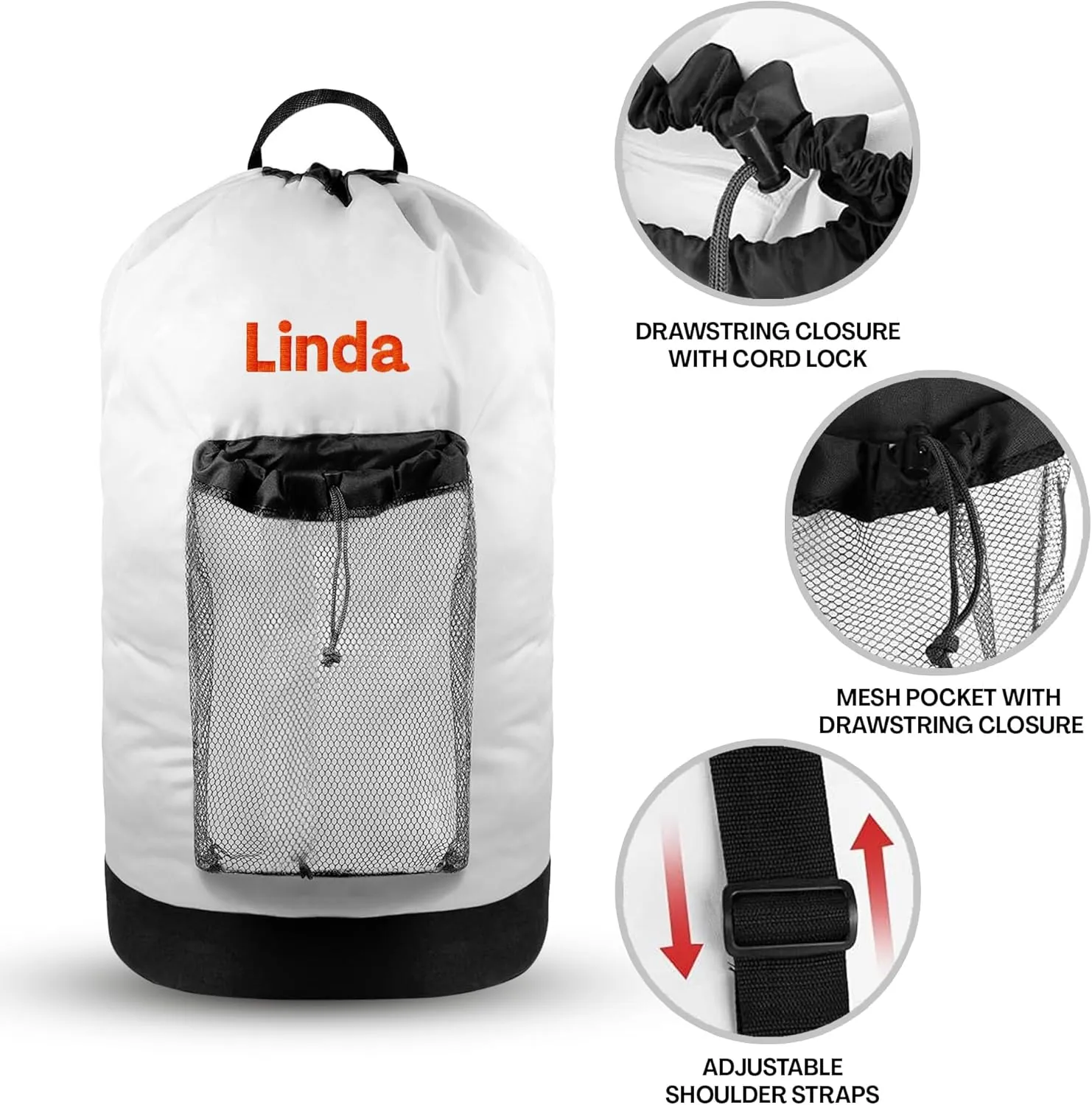 Personalized Travel Laundry Backpack, Embroidered Extra Large Laundry Bag For Travel with Shoulder Strap, Custom Heavy Duty Bag with Mesh Pocket for Delicates, Traveling and Camping