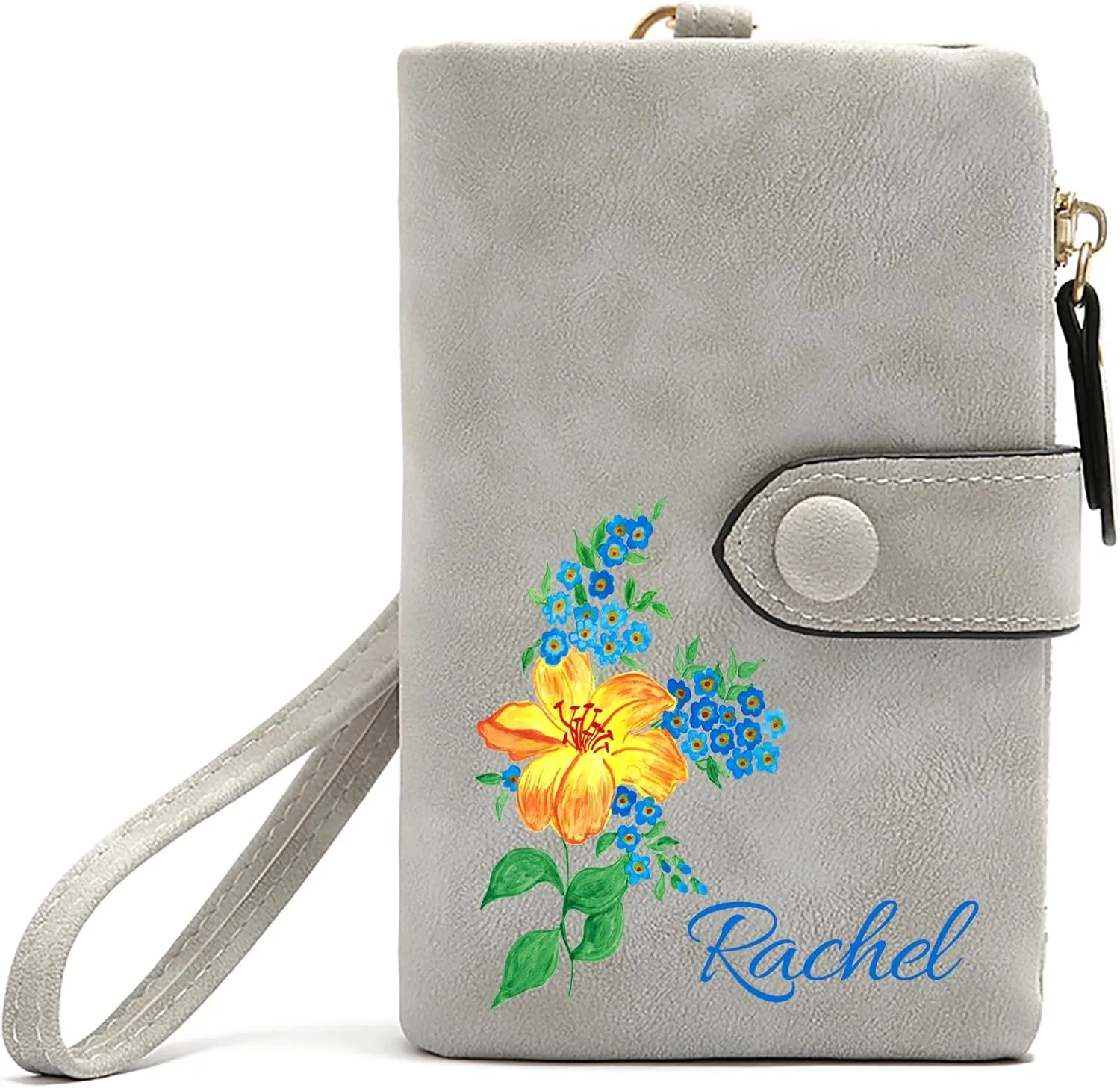 Personalized Wallet Custom Birth Flower & Name, Small Leather Wallet Coin Purse Card Holder for Women Mom Teen Girls Valentines Day Gifts for Her, Customized Wristlet Wallets Bridesmaid Gifts, Gray