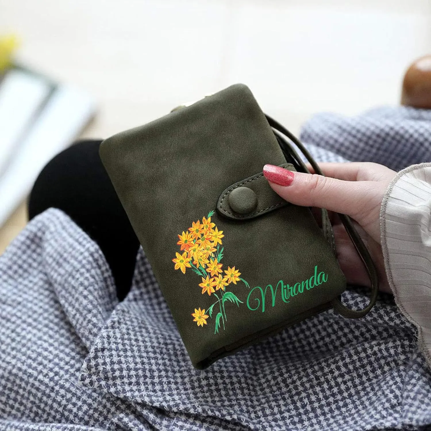 Personalized Wallet Custom Birth Flower & Name, Small Leather Wallet Coin Purse Card Holder for Women Mom Teen Girls Valentines Day Gifts for Her, Customized Wristlet Wallets Bridesmaid Gifts, Gray