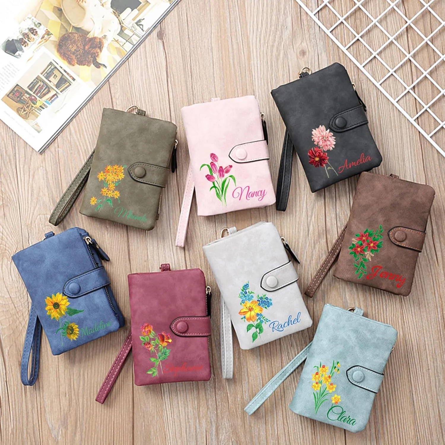 Personalized Wallet Custom Birth Flower & Name, Small Leather Wallet Coin Purse Card Holder for Women Mom Teen Girls Valentines Day Gifts for Her, Customized Wristlet Wallets Bridesmaid Gifts, Gray