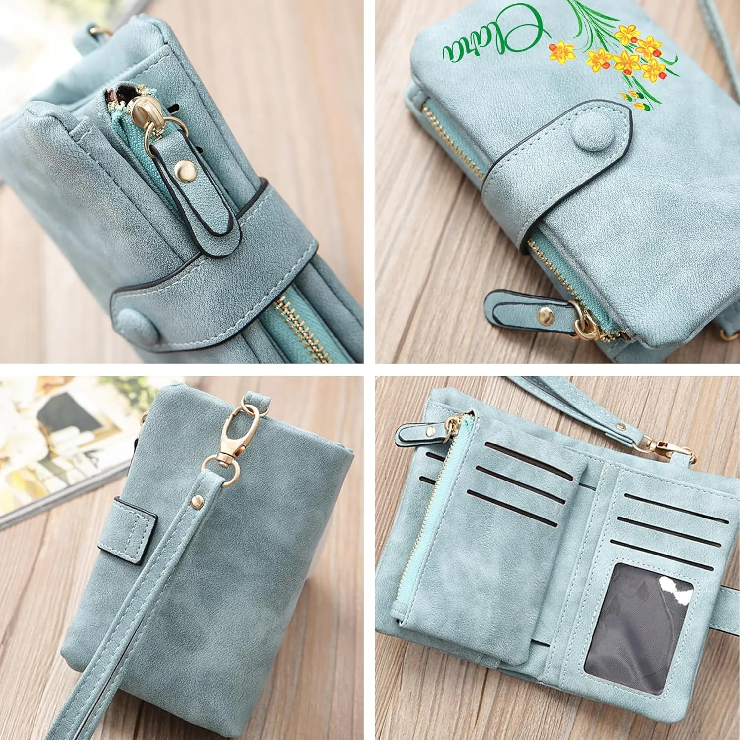 Personalized Wallet Custom Birth Flower & Name, Small Leather Wallet Coin Purse Card Holder for Women Mom Teen Girls Valentines Day Gifts for Her, Customized Wristlet Wallets Bridesmaid Gifts, Gray