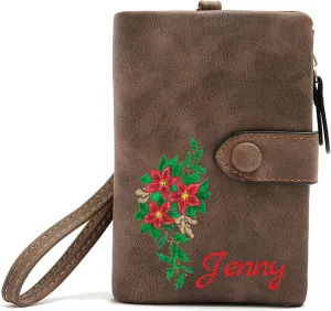 Personalized Wallet Custom Birth Flower & Name, Small Leather Wallet Coin Purse Card Holder for Women Mom Teen Girls Valentines Day Gifts for Her, Customized Wristlet Wallets Bridesmaid Gifts