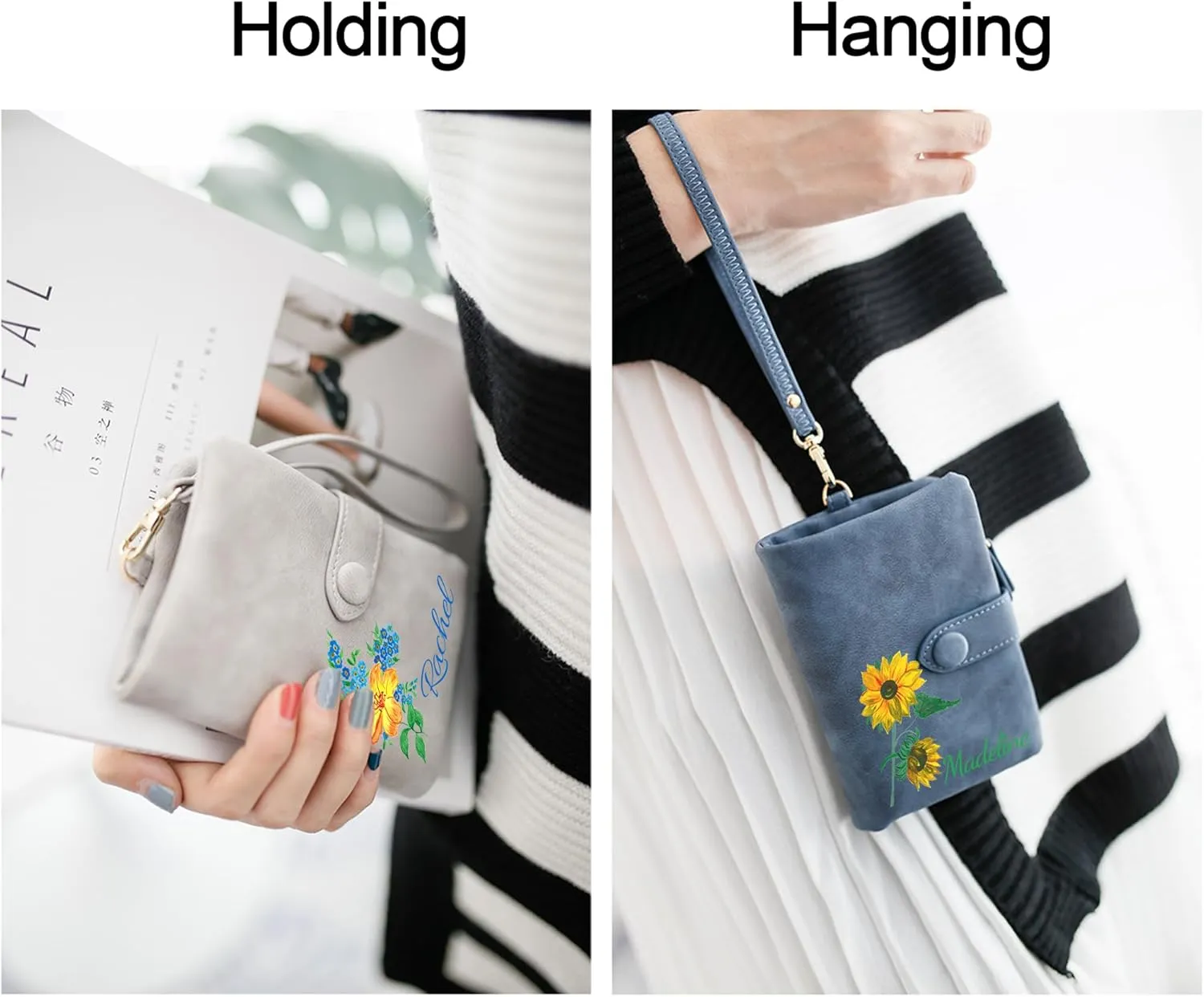 Personalized Wallet Custom Birth Flower & Name, Small Leather Wallet Coin Purse Card Holder for Women Mom Teen Girls Valentines Day Gifts for Her, Customized Wristlet Wallets Bridesmaid Gifts