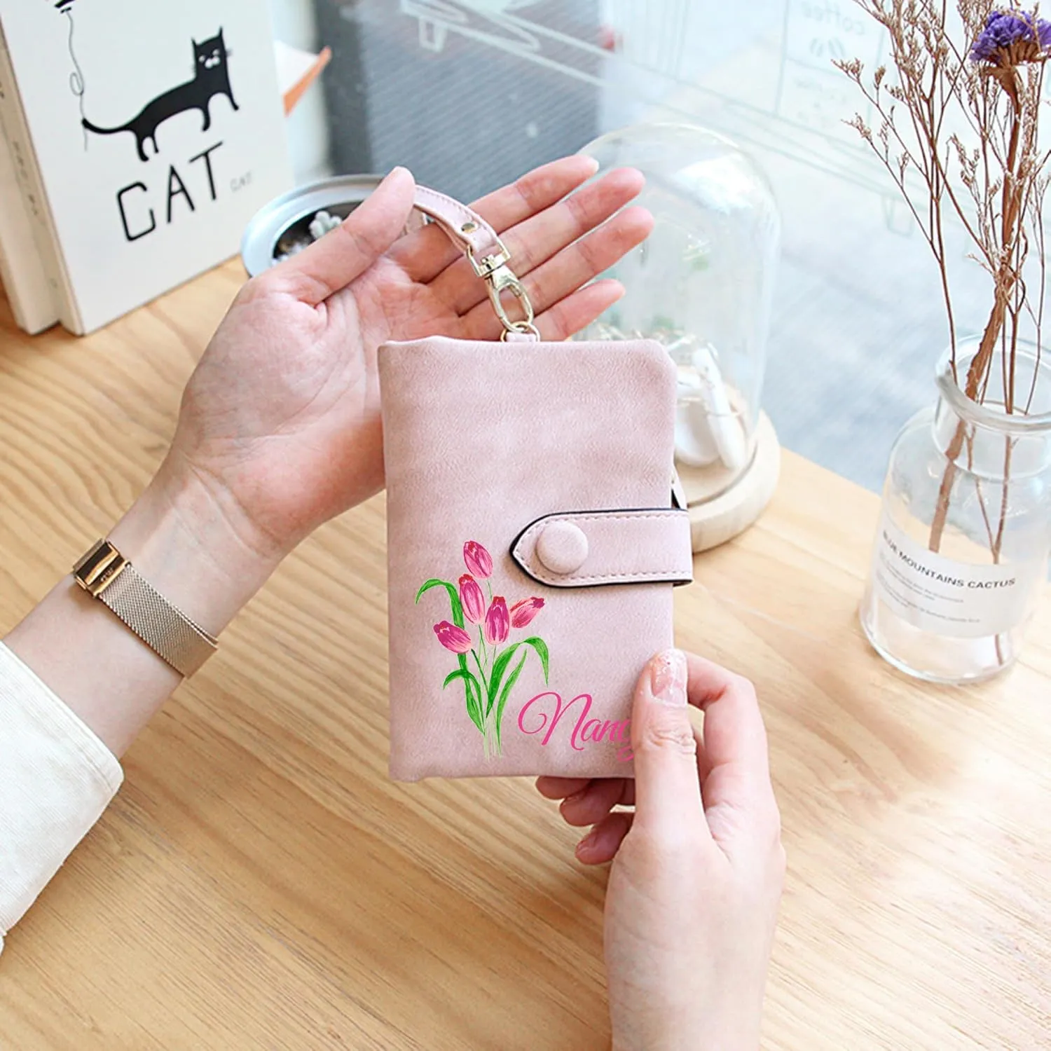 Personalized Wallet Custom Birth Flower & Name, Small Leather Wallet Coin Purse Card Holder for Women Mom Teen Girls Valentines Day Gifts for Her, Customized Wristlet Wallets Bridesmaid Gifts