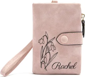 Personalized Wallet Custom Birth Flower & Name, Small Leather Wallet Coin Purse Card Holder for Women Teen Girls Customized Gifts for Birthday Christmas Thanksgiving Anniversary Mothers Day