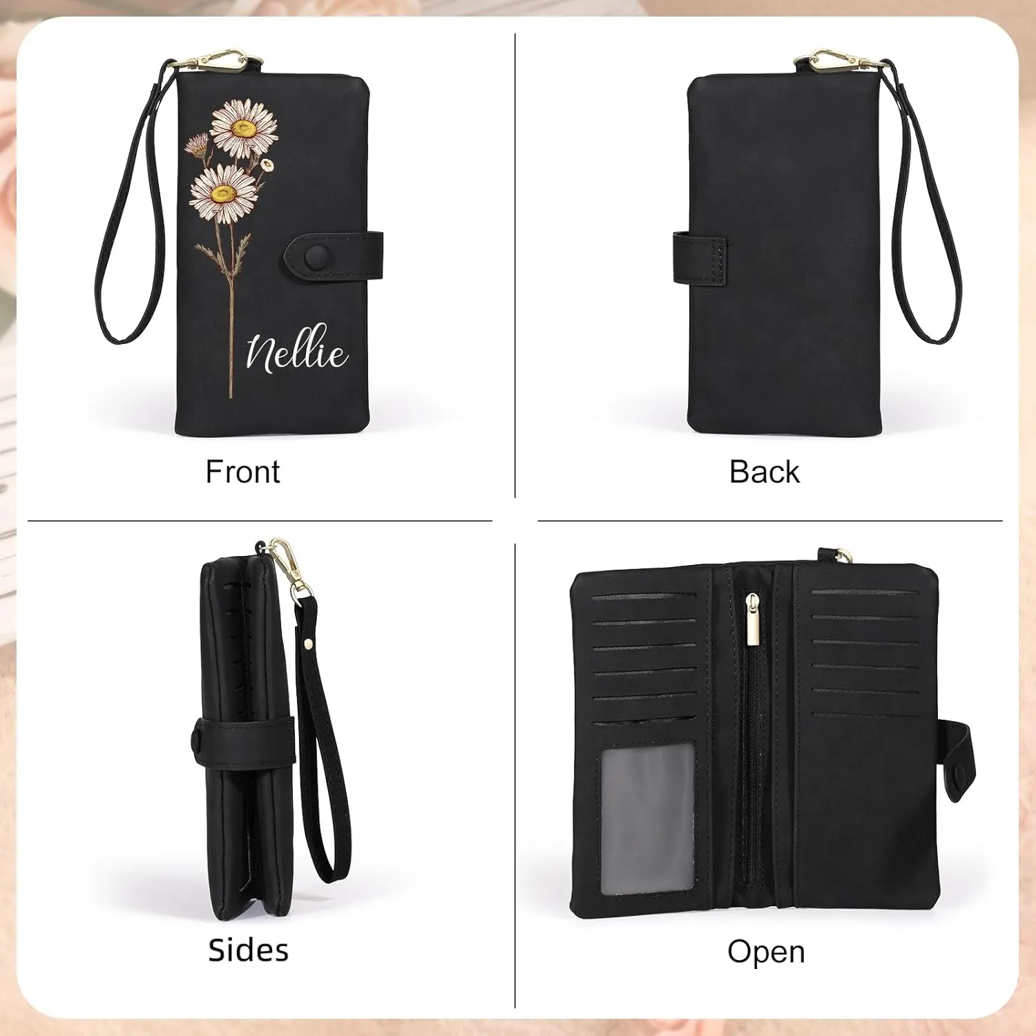 Personalized Wallet for Women, Custom Birth Flower & Name Detachable Leather Wristlet, Stylish Card Holder Purse with Zipper Large Capacity Wallet Mother's Day Gifts for Mom (Black)