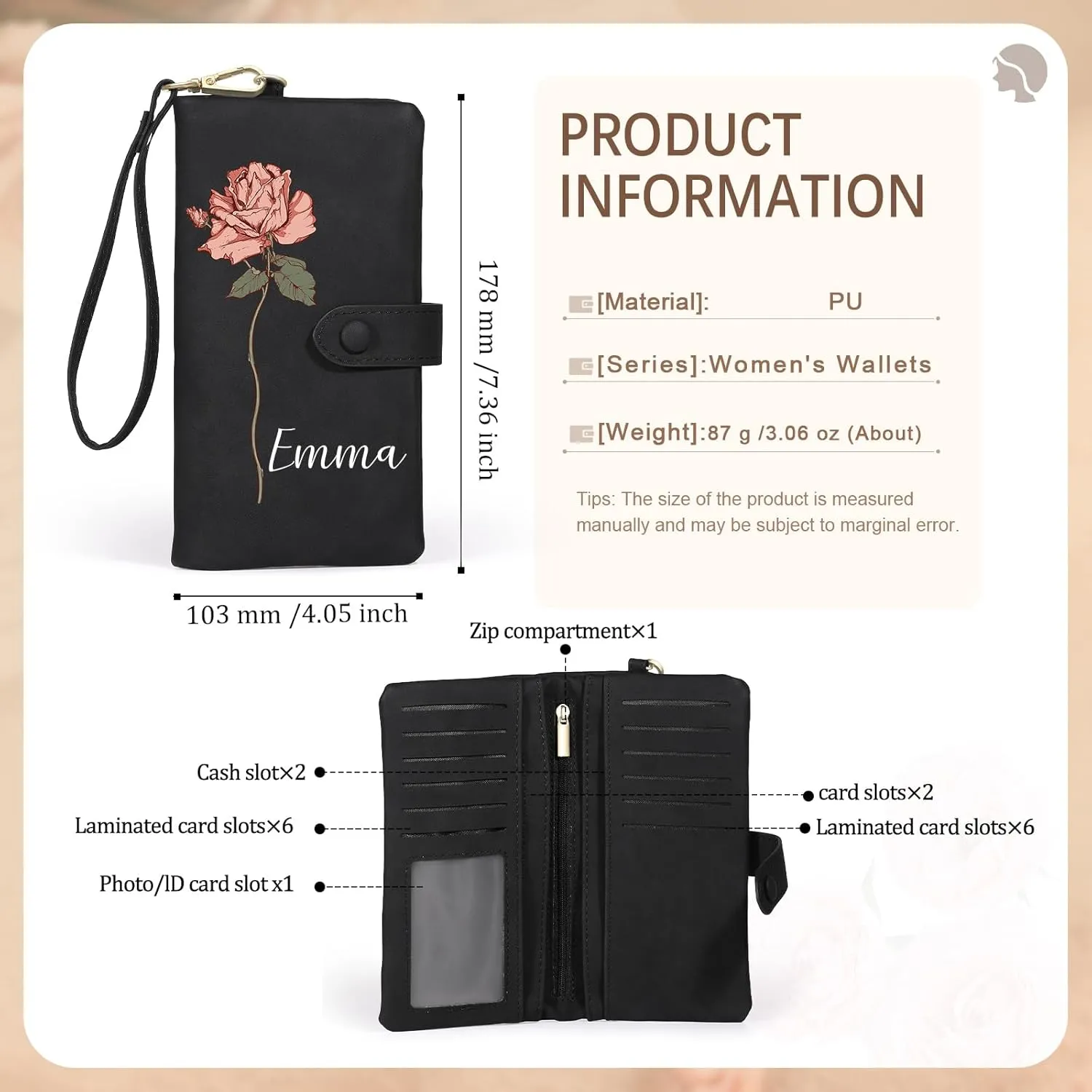 Personalized Wallet for Women, Custom Birth Flower & Name Detachable Leather Wristlet, Stylish Card Holder Purse with Zipper Large Capacity Wallet Mother's Day Gifts for Mom (Black)