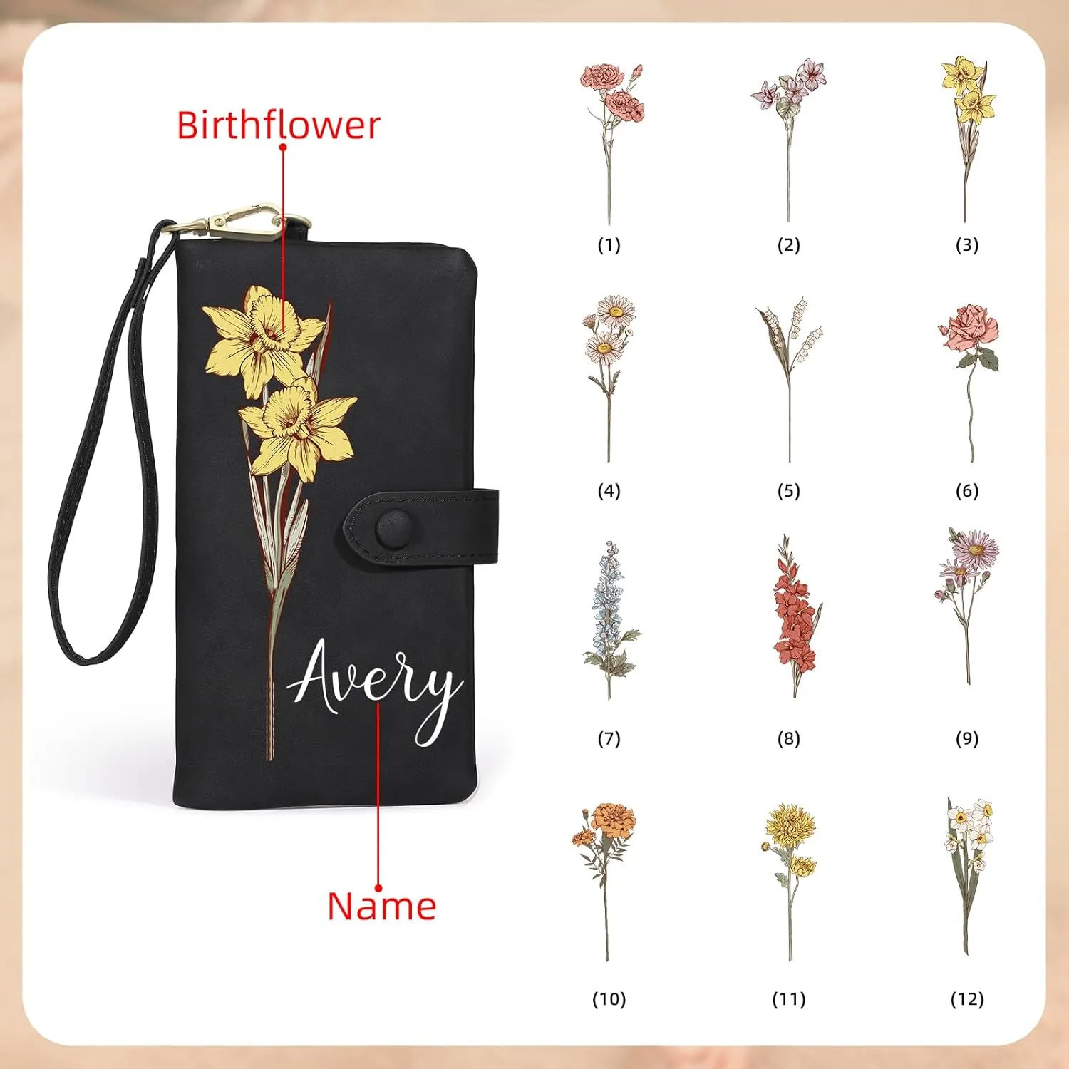 Personalized Wallet for Women, Custom Birth Flower & Name Detachable Leather Wristlet, Stylish Card Holder Purse with Zipper Large Capacity Wallet Mother's Day Gifts for Mom (Black)