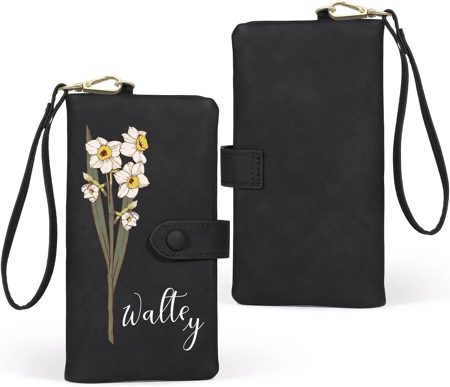 Personalized Wallet for Women, Custom Birth Flower & Name Detachable Leather Wristlet, Stylish Card Holder Purse with Zipper Large Capacity Wallet Mother's Day Gifts for Mom (Black)