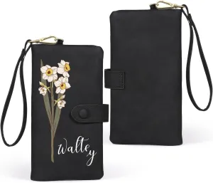 Personalized Wallet for Women, Custom Birth Flower & Name Detachable Leather Wristlet, Stylish Card Holder Purse with Zipper Large Capacity Wallet Mother's Day Gifts for Mom (Black)