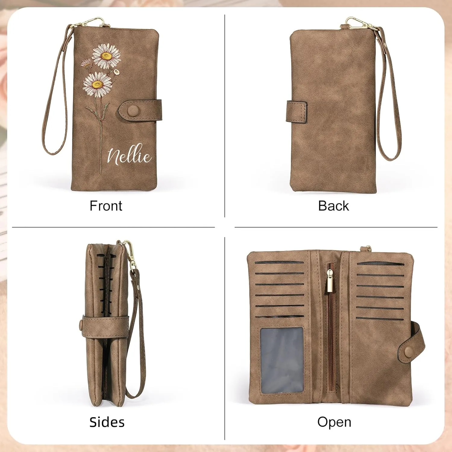 Personalized Wallet for Women, Custom Birth Flower & Name Detachable Leather Wristlet, Stylish Card Holder Purse with Zipper Large Capacity Wallet Mother's Day Gifts for Mom (Brown)