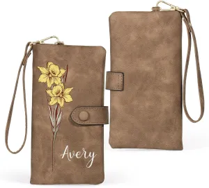 Personalized Wallet for Women, Custom Birth Flower & Name Detachable Leather Wristlet, Stylish Card Holder Purse with Zipper Large Capacity Wallet Mother's Day Gifts for Mom (Brown)