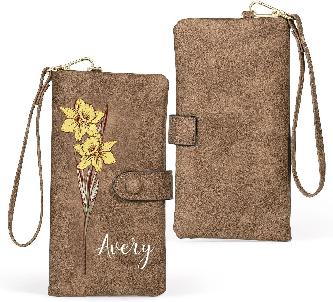 Personalized Wallet for Women, Custom Birth Flower & Name Detachable Leather Wristlet, Stylish Card Holder Purse with Zipper Large Capacity Wallet Mother's Day Gifts for Mom (Brown)