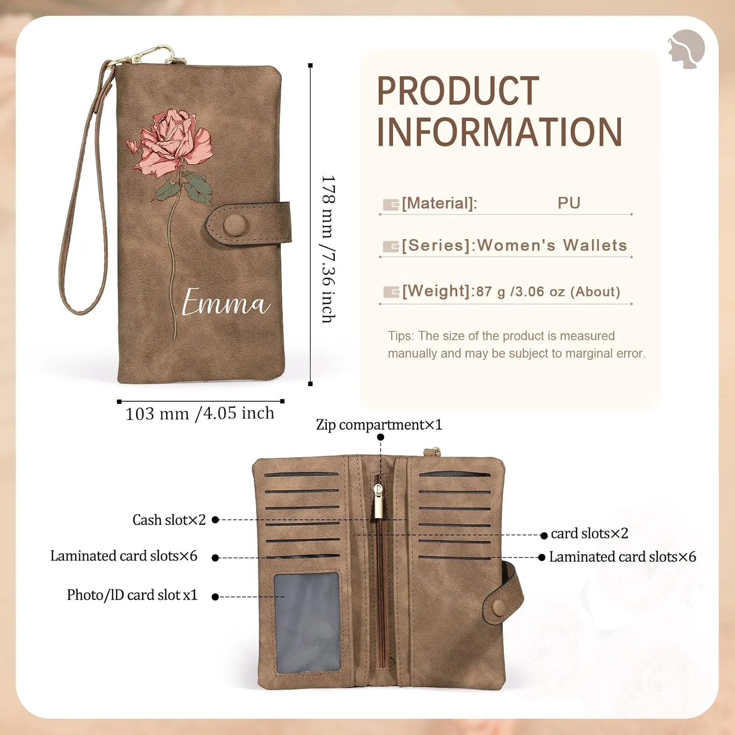 Personalized Wallet for Women, Custom Birth Flower & Name Detachable Leather Wristlet, Stylish Card Holder Purse with Zipper Large Capacity Wallet Mother's Day Gifts for Mom (Brown)