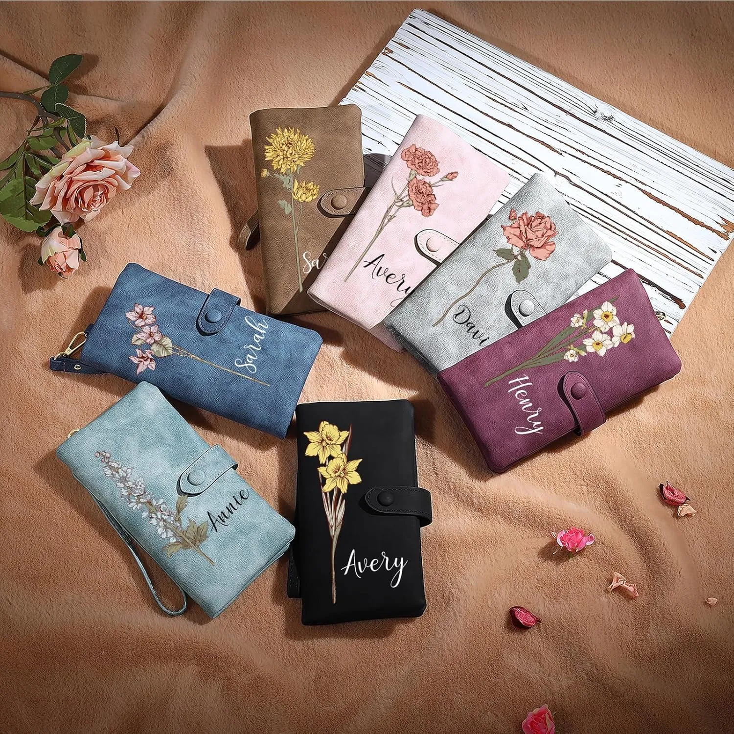 Personalized Wallet for Women, Custom Birth Flower & Name Detachable Leather Wristlet, Stylish Card Holder Purse with Zipper Large Capacity Wallet Mother's Day Gifts for Mom (Light Blue)