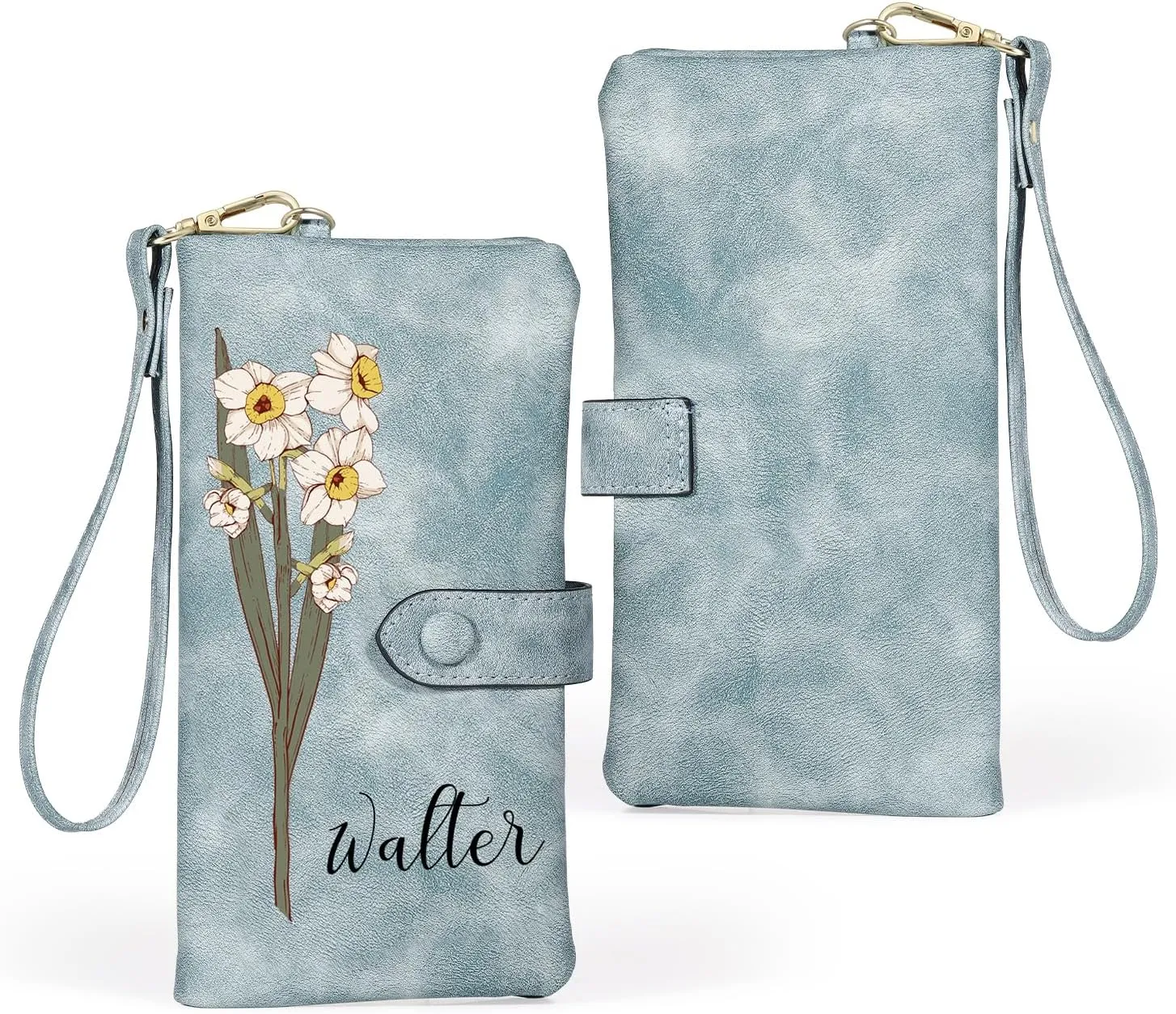 Personalized Wallet for Women, Custom Birth Flower & Name Detachable Leather Wristlet, Stylish Card Holder Purse with Zipper Large Capacity Wallet Mother's Day Gifts for Mom (Light Blue)