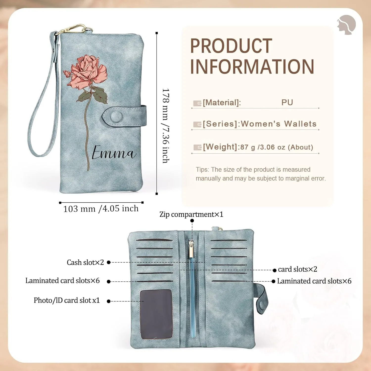 Personalized Wallet for Women, Custom Birth Flower & Name Detachable Leather Wristlet, Stylish Card Holder Purse with Zipper Large Capacity Wallet Mother's Day Gifts for Mom (Light Blue)