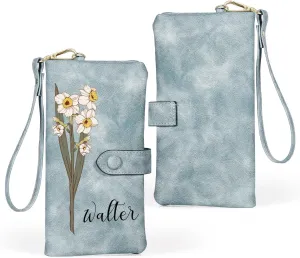 Personalized Wallet for Women, Custom Birth Flower & Name Detachable Leather Wristlet, Stylish Card Holder Purse with Zipper Large Capacity Wallet Mother's Day Gifts for Mom (Light Blue)