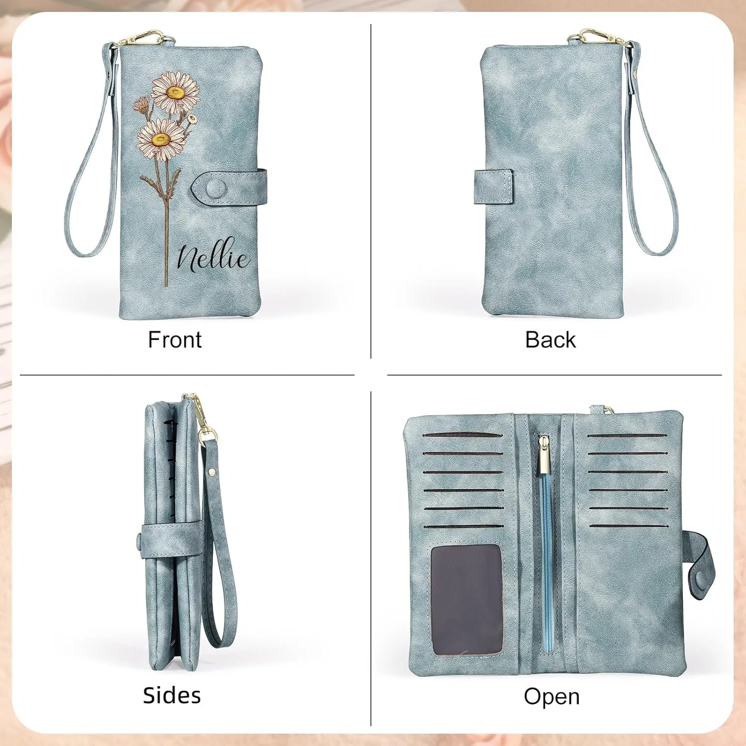 Personalized Wallet for Women, Custom Birth Flower & Name Detachable Leather Wristlet, Stylish Card Holder Purse with Zipper Large Capacity Wallet Mother's Day Gifts for Mom (Light Blue)