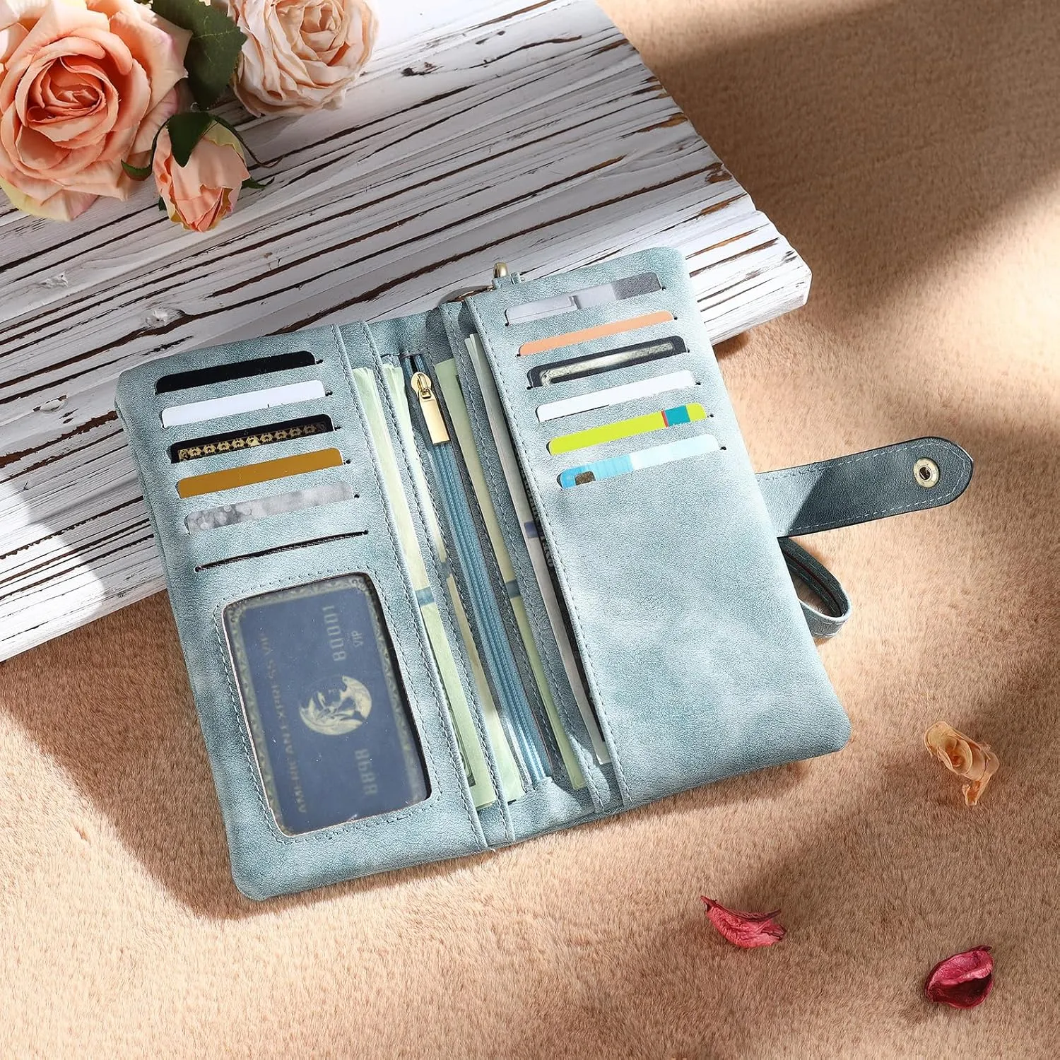 Personalized Wallet for Women, Custom Birth Flower & Name Detachable Leather Wristlet, Stylish Card Holder Purse with Zipper Large Capacity Wallet Mother's Day Gifts for Mom (Light Blue)
