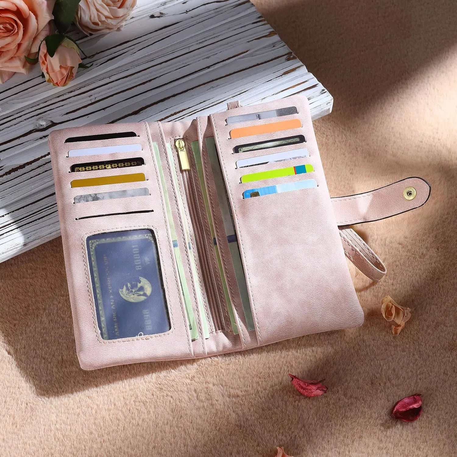 Personalized Wallet for Women, Custom Birth Flower & Name Detachable Leather Wristlet, Stylish Card Holder Purse with Zipper Large Capacity Wallet Mother's Day Gifts for Mom (Pink)