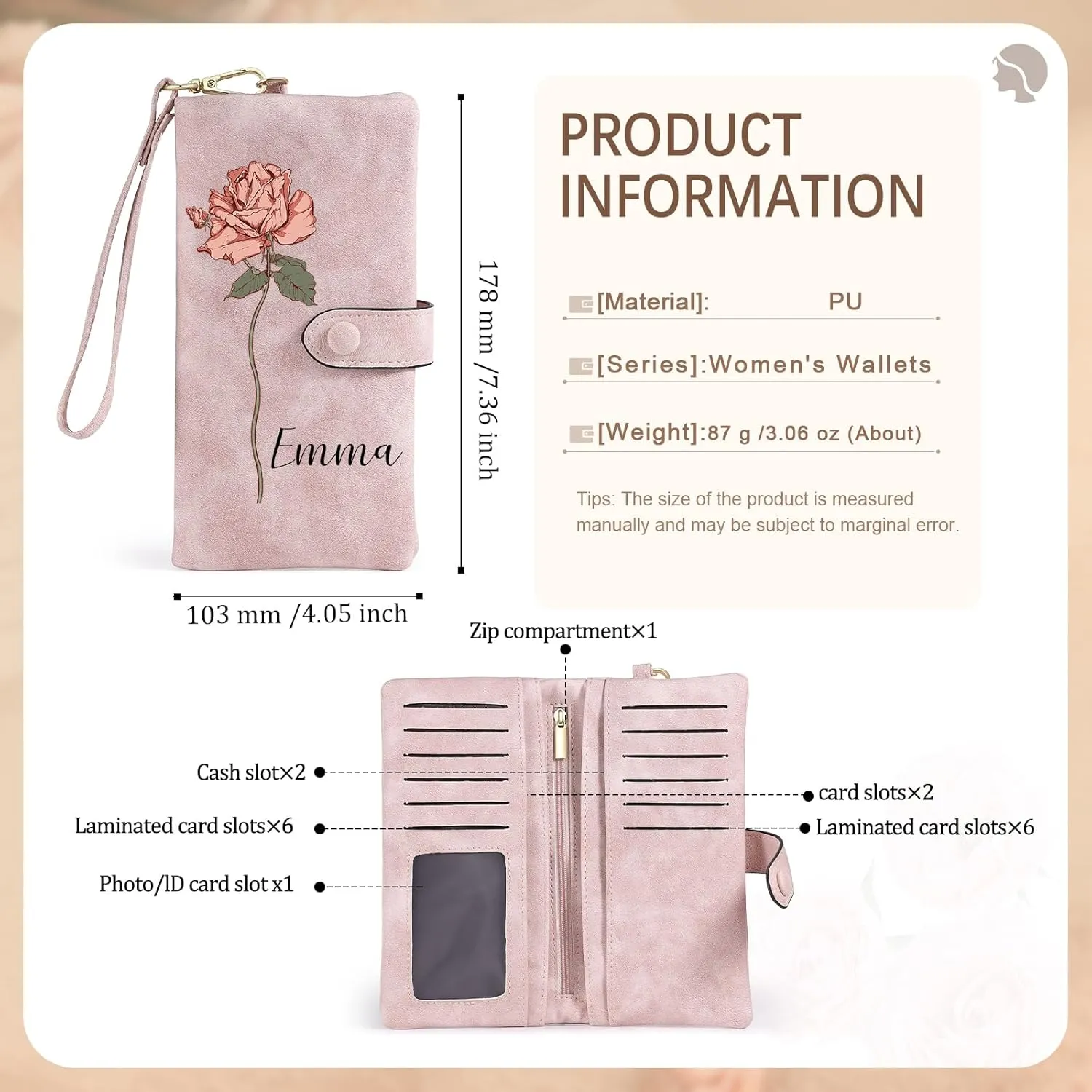 Personalized Wallet for Women, Custom Birth Flower & Name Detachable Leather Wristlet, Stylish Card Holder Purse with Zipper Large Capacity Wallet Mother's Day Gifts for Mom (Pink)