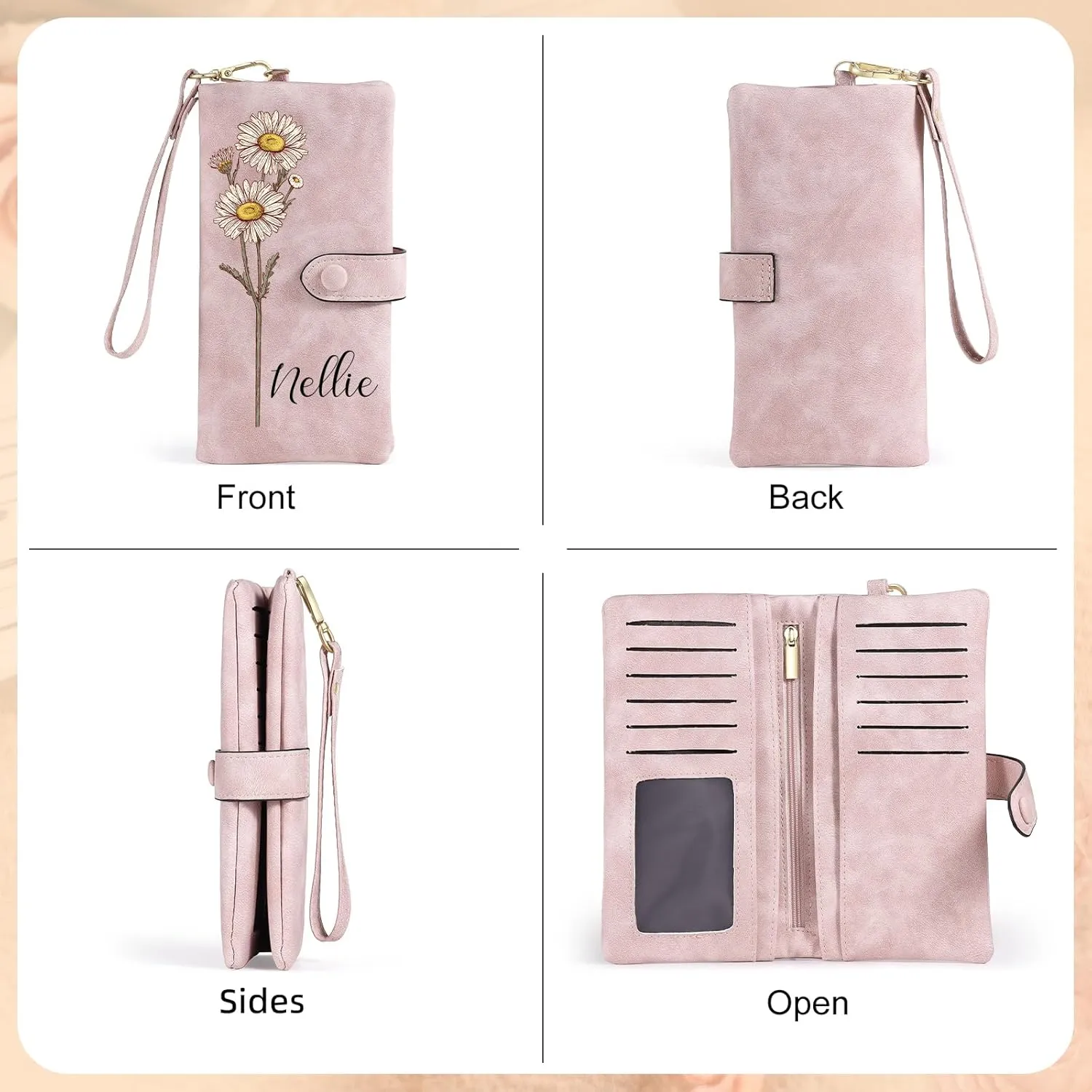 Personalized Wallet for Women, Custom Birth Flower & Name Detachable Leather Wristlet, Stylish Card Holder Purse with Zipper Large Capacity Wallet Mother's Day Gifts for Mom (Pink)