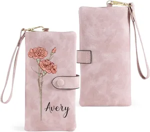 Personalized Wallet for Women, Custom Birth Flower & Name Detachable Leather Wristlet, Stylish Card Holder Purse with Zipper Large Capacity Wallet Mother's Day Gifts for Mom (Pink)