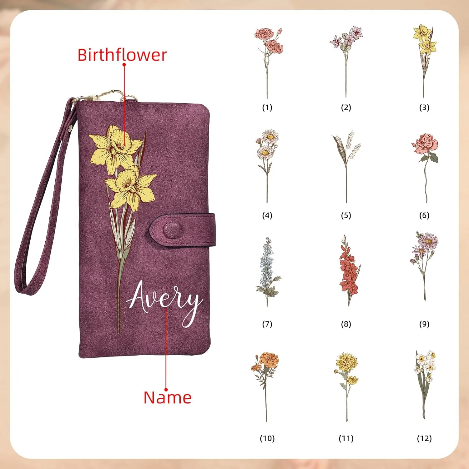 Personalized Wallet for Women, Custom Birth Flower & Name Detachable Leather Wristlet, Stylish Card Holder Purse with Zipper Large Capacity Wallet Mother's Day Gifts for Mom (Purple)