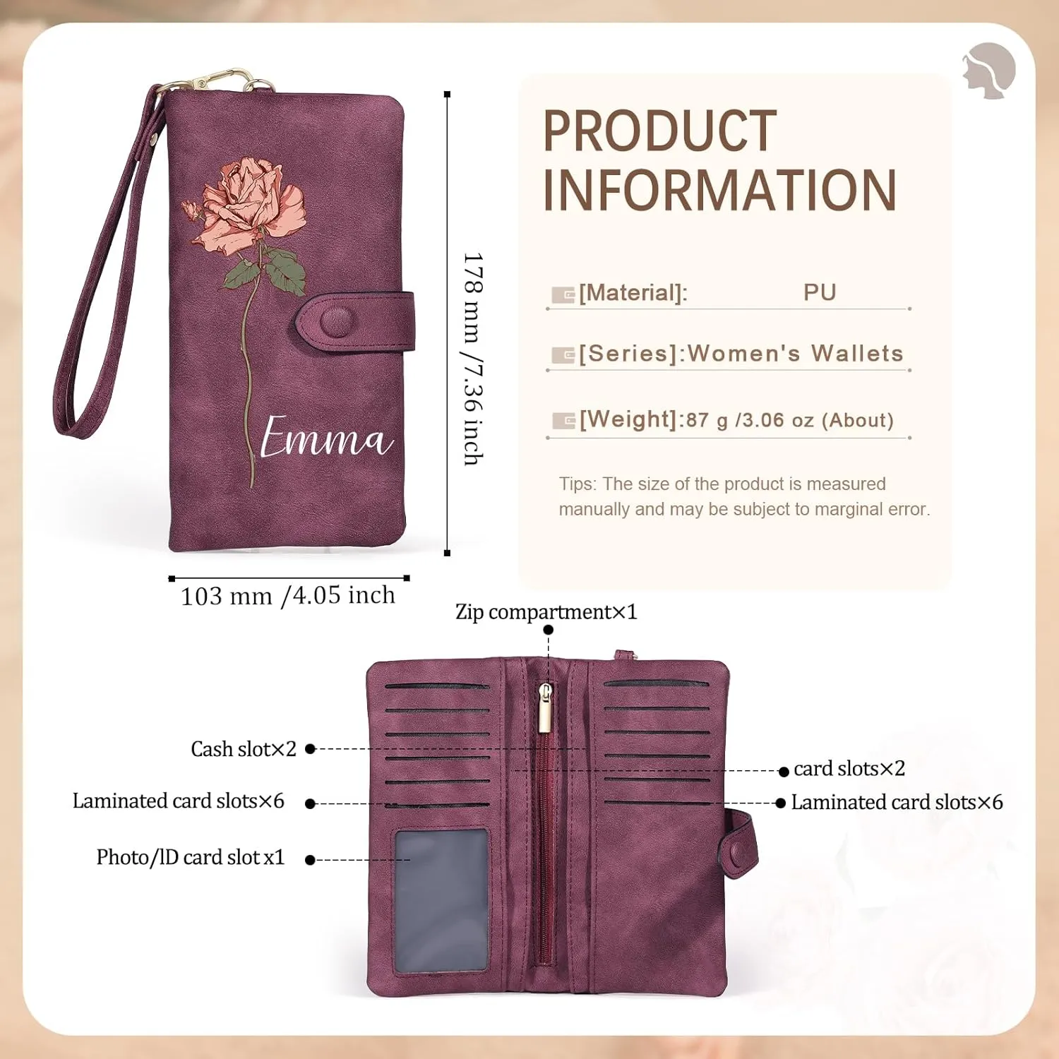 Personalized Wallet for Women, Custom Birth Flower & Name Detachable Leather Wristlet, Stylish Card Holder Purse with Zipper Large Capacity Wallet Mother's Day Gifts for Mom (Purple)