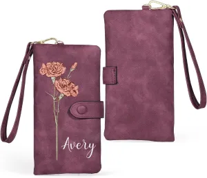 Personalized Wallet for Women, Custom Birth Flower & Name Detachable Leather Wristlet, Stylish Card Holder Purse with Zipper Large Capacity Wallet Mother's Day Gifts for Mom (Purple)
