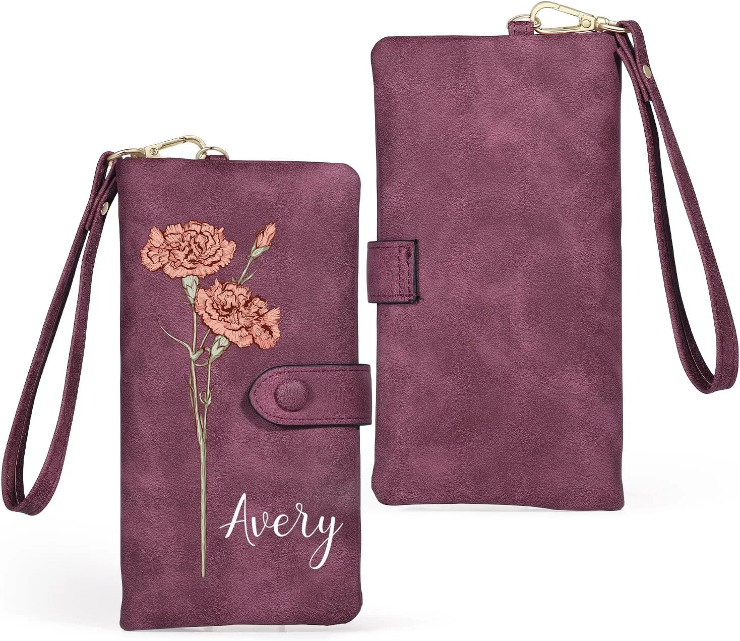 Personalized Wallet for Women, Custom Birth Flower & Name Detachable Leather Wristlet, Stylish Card Holder Purse with Zipper Large Capacity Wallet Mother's Day Gifts for Mom (Purple)