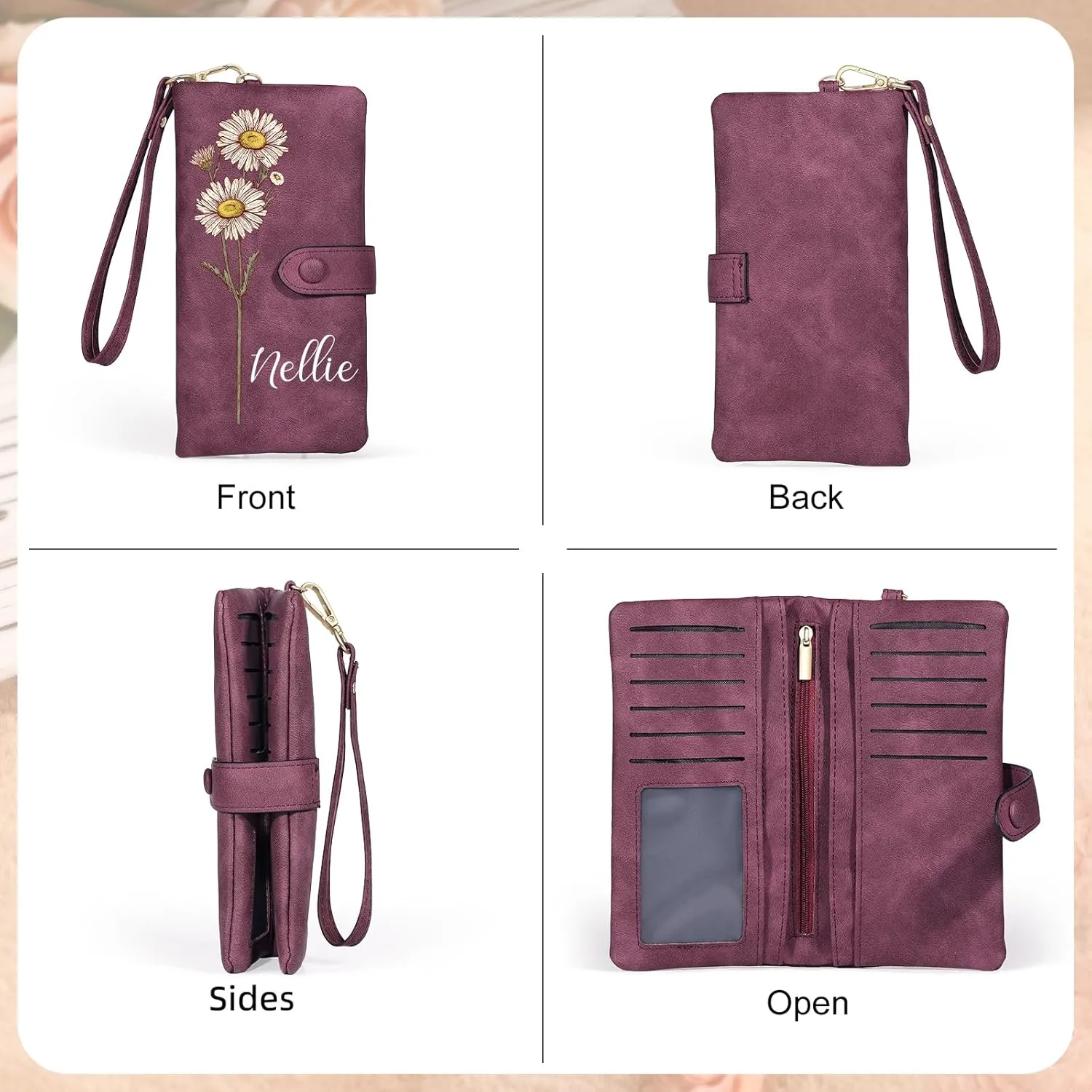 Personalized Wallet for Women, Custom Birth Flower & Name Detachable Leather Wristlet, Stylish Card Holder Purse with Zipper Large Capacity Wallet Mother's Day Gifts for Mom (Purple)
