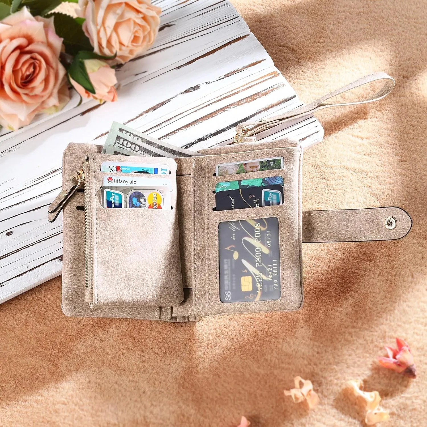 Personalized Wallet Women Small with Birth Flower and Name: Custom Bi-fold Women's Wallets - Ladies Minimalist Wallet for Women Teen Girls Gift (Pink, Birth Flower Name Photo)