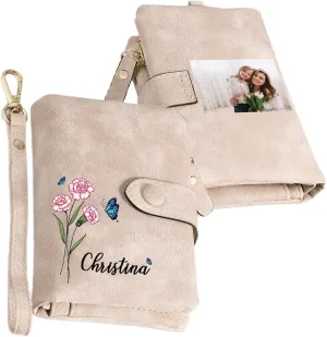 Personalized Wallet Women Small with Birth Flower and Name: Custom Bi-fold Women's Wallets - Ladies Minimalist Wallet for Women Teen Girls Gift (Pink, Birth Flower Name Photo)