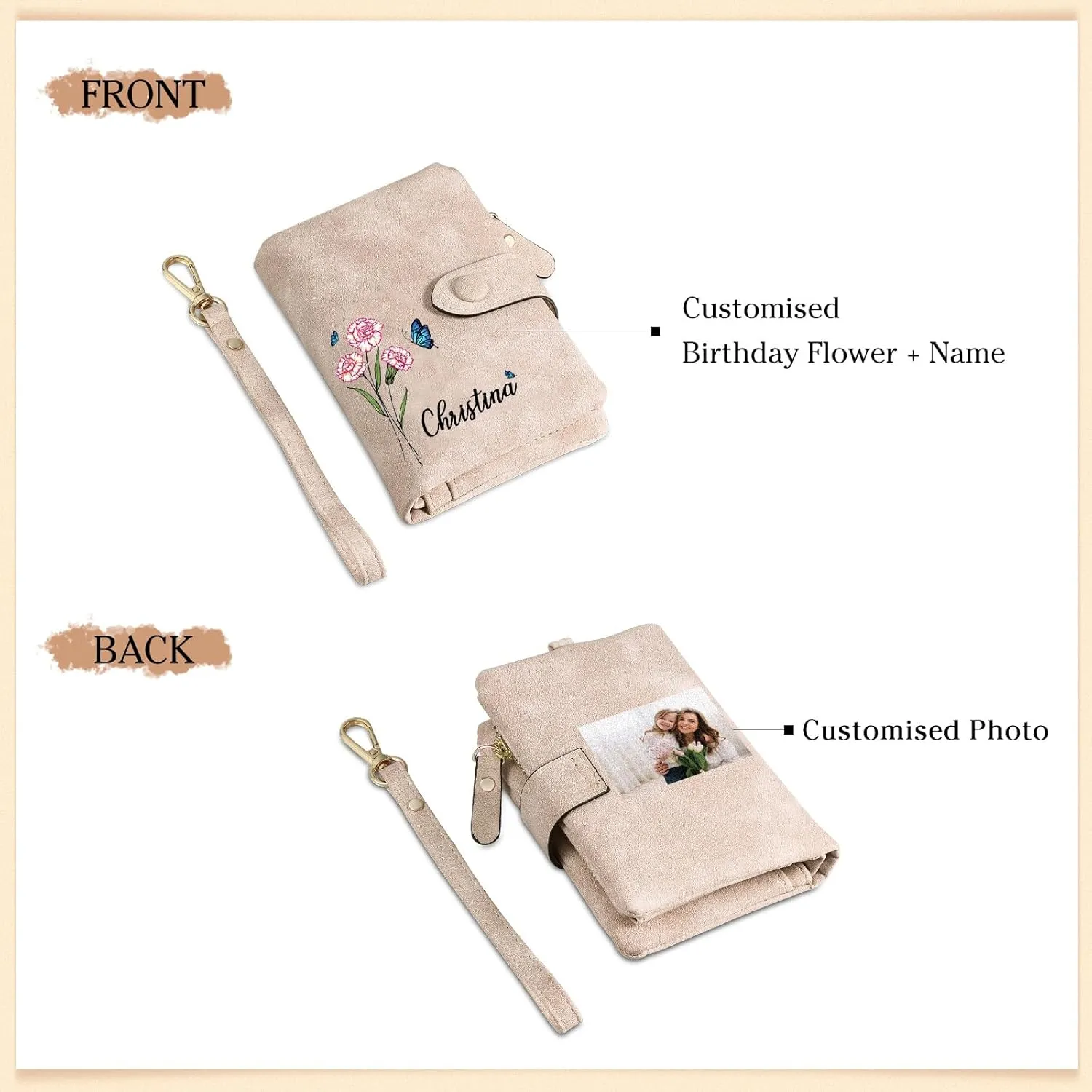 Personalized Wallet Women Small with Birth Flower and Name: Custom Bi-fold Women's Wallets - Ladies Minimalist Wallet for Women Teen Girls Gift (Pink, Birth Flower Name Photo)
