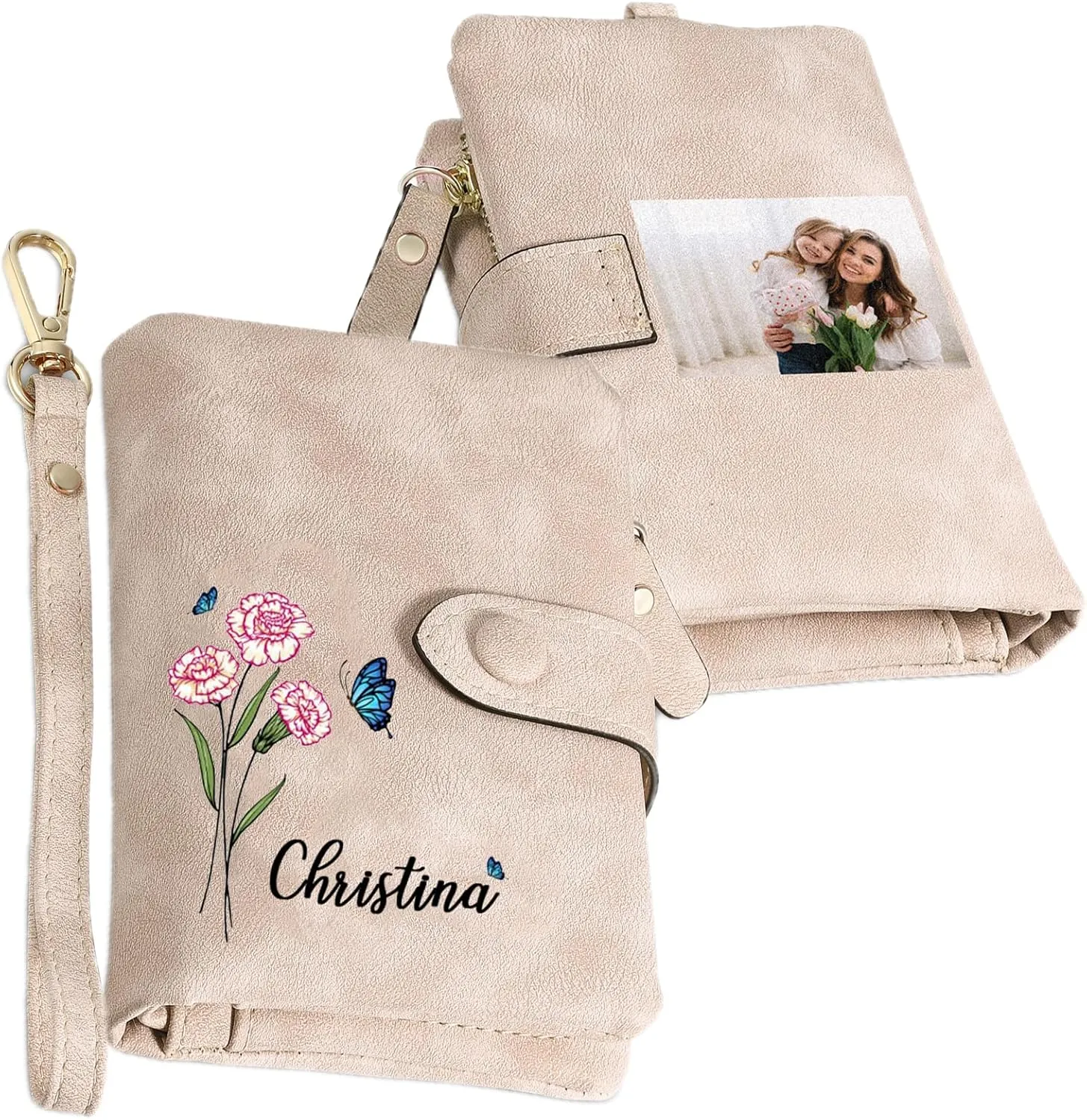 Personalized Wallet Women Small with Birth Flower and Name: Custom Bi-fold Women's Wallets - Ladies Minimalist Wallet for Women Teen Girls Gift (Pink, Birth Flower Name Photo)