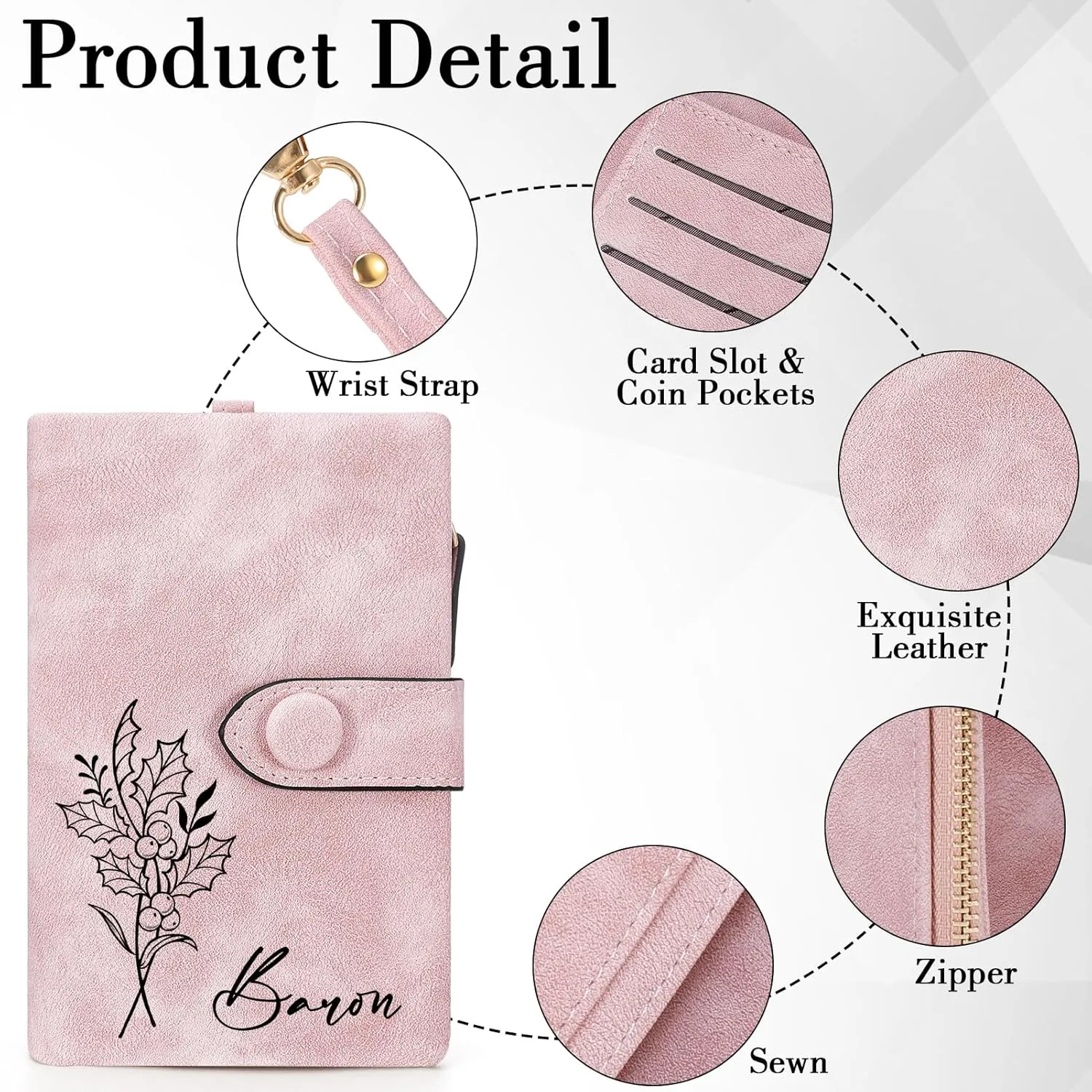 Personalized Wallets for Women, Custom Birth Flower & Name Slim Leather Handbag, Bifold RFID Blocking Card Holder, Large Capacity Wristlet Clutch with Coin Purse, Customized Gift for Women