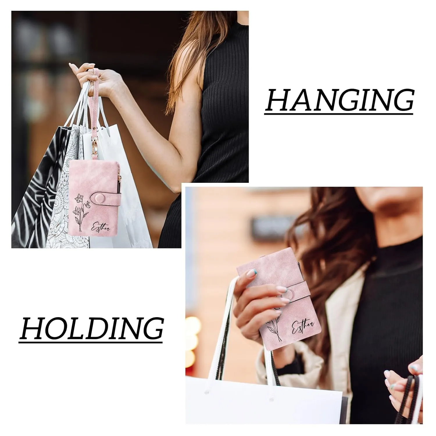 Personalized Wallets for Women, Custom Birth Flower & Name Slim Leather Handbag, Bifold RFID Blocking Card Holder, Large Capacity Wristlet Clutch with Coin Purse, Customized Gift for Women