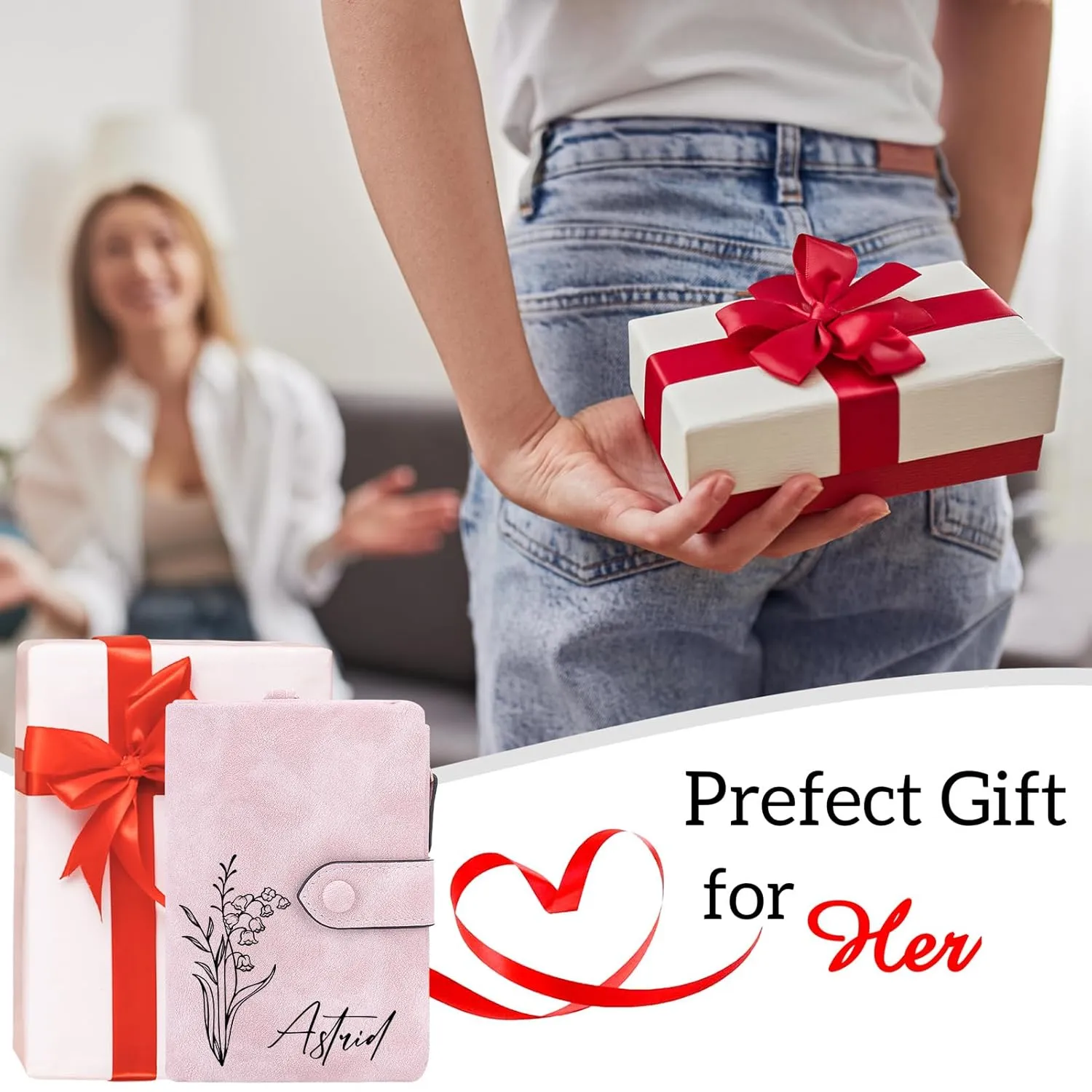 Personalized Wallets for Women, Custom Birth Flower & Name Slim Leather Handbag, Bifold RFID Blocking Card Holder, Large Capacity Wristlet Clutch with Coin Purse, Customized Gift for Women