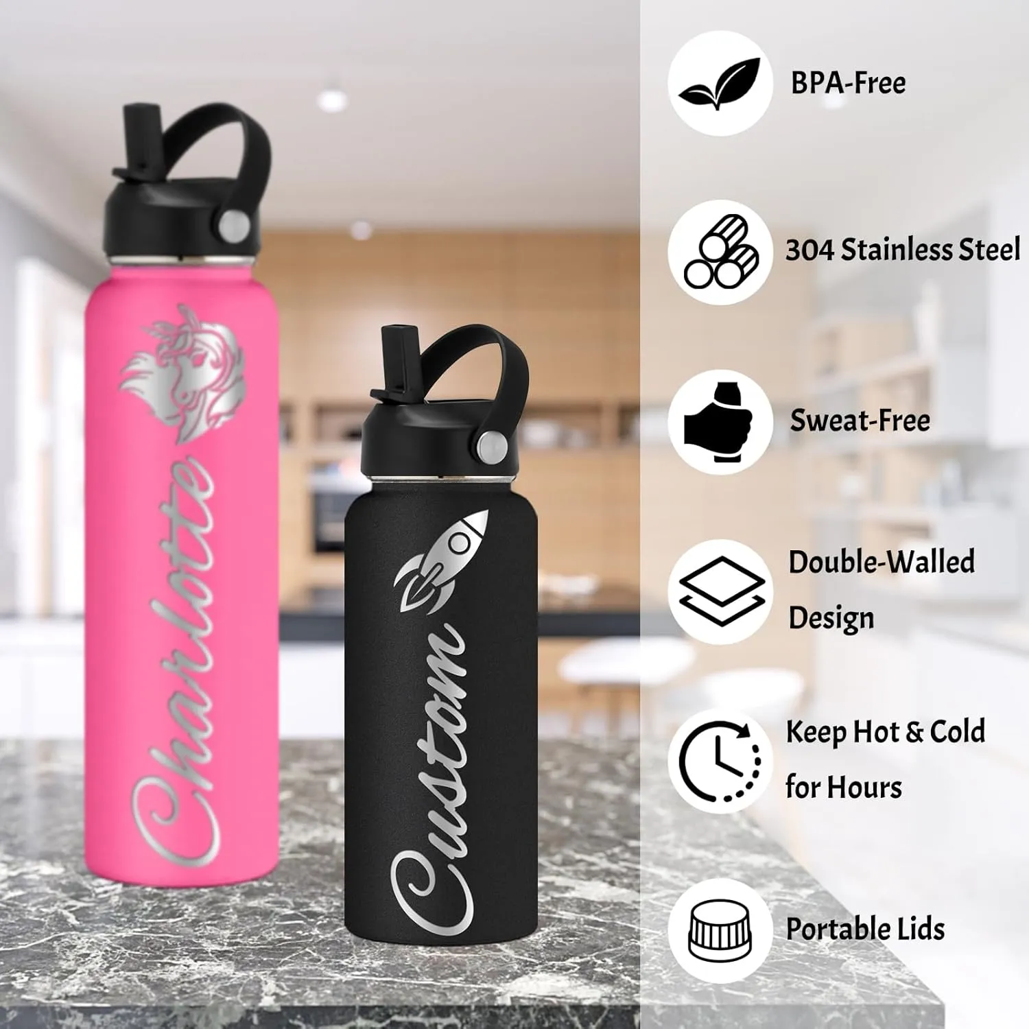 Personalized Water Bottle Custom Insulated Water Bottles with Straw Lid 32oz Customized Engraved Stainless Steel Bottles with Name Logo, Gift for School Sports Outdoor, Purple