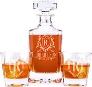 Personalized Whiskey Decanter Set - 5 Design Options - Custom Liquor 25 oz, 750ml Liquor Decanter w/Whiskey Glass Set Options, Birthday & Retirement Gifts for Men