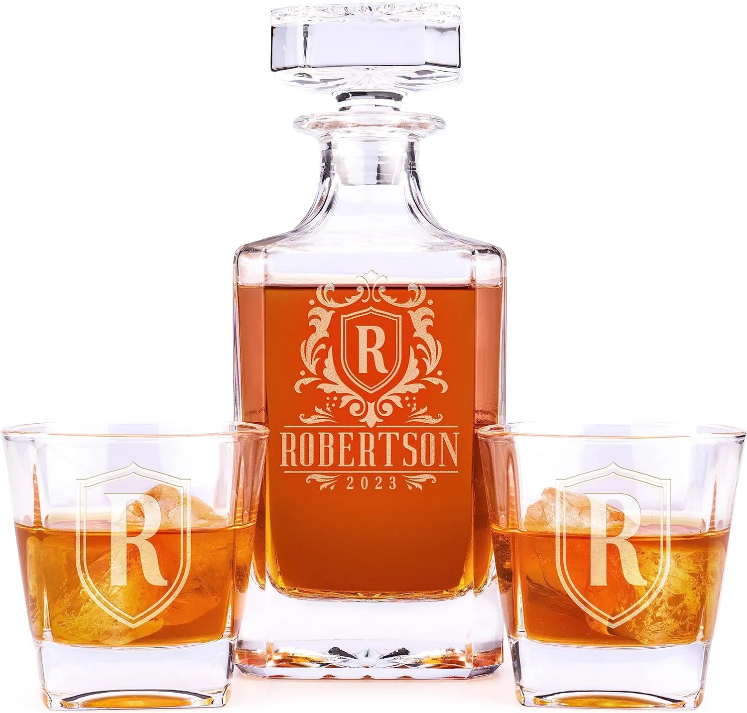 Personalized Whiskey Decanter Set - 5 Design Options - Custom Liquor 25 oz, 750ml Liquor Decanter w/Whiskey Glass Set Options, Birthday & Retirement Gifts for Men