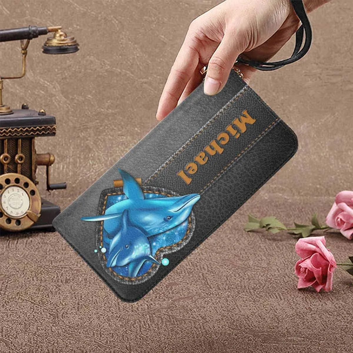 Personalized Women's Gift Wristlet Wallet Mothers Day Gift, Custom Cute Dolphins Lovers Leather Clutch Purse for Girl Women Mom