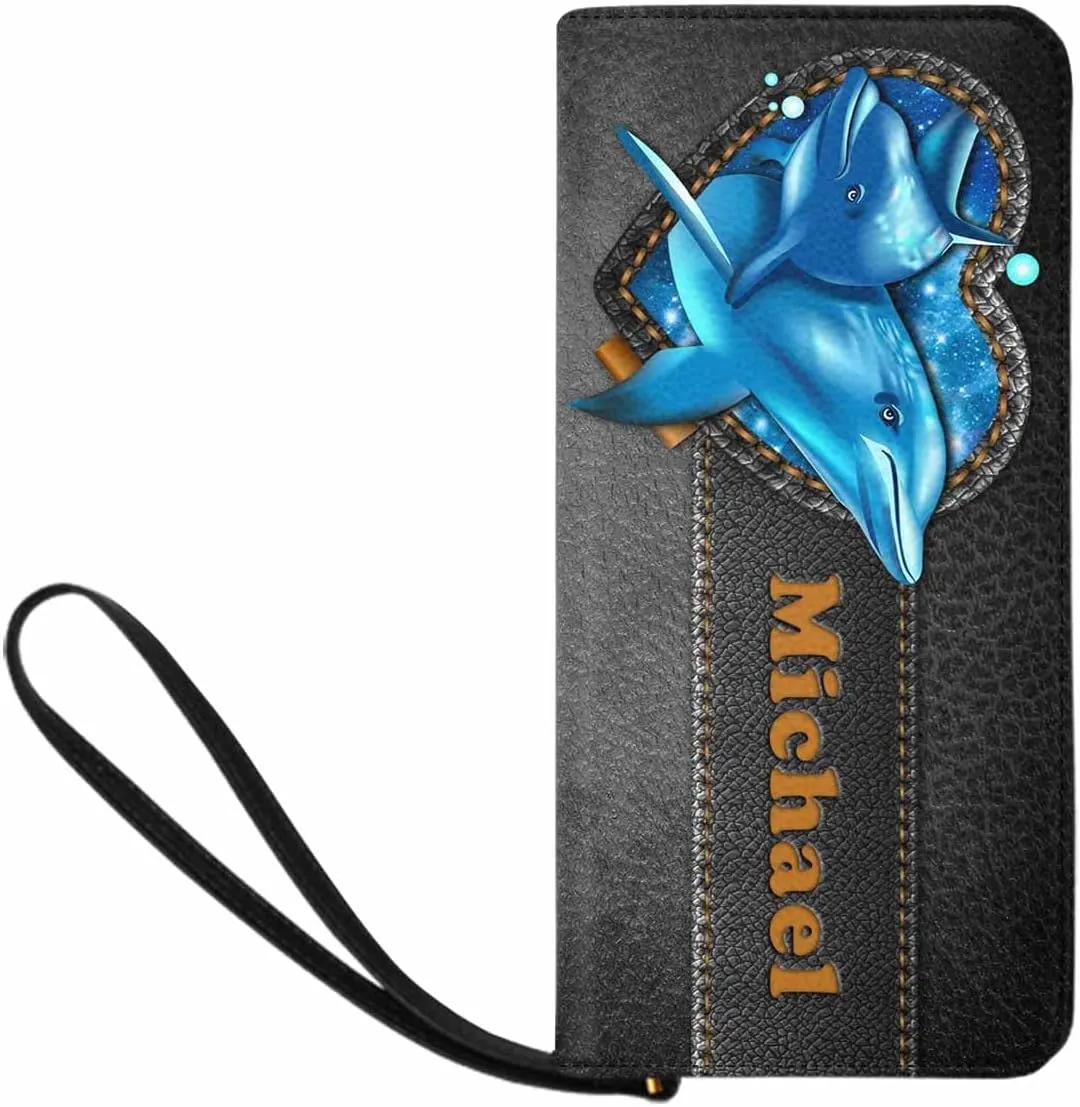 Personalized Women's Gift Wristlet Wallet Mothers Day Gift, Custom Cute Dolphins Lovers Leather Clutch Purse for Girl Women Mom